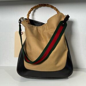 Gucci Tan and Black Shoulder Bag with Bamboo Handle